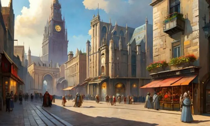 An ancient city square with cobblestone streets and towering clock towers, surrounded by bustling cafes, markets, artisan shops. : quaint, historic, vibrant, bustling, afternoon.
(award winning) (masterpiece:1.1)(best quality) (detailed) (8k) (HDR) (wallpaper) (dramatic lighting) (sharp focus)(PaintStyle4:0.7) (protogemb2:0.8)