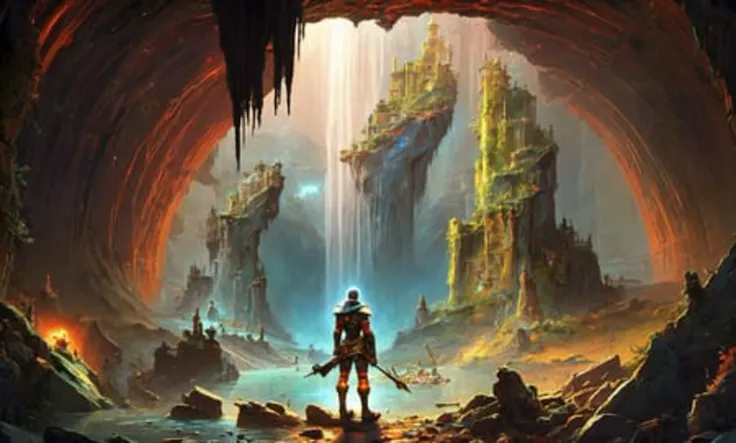 An underground cavern filled with sparkling jewels and crystals, underground rivers and waterfalls flow through tunnels of glowing rock. subterranean, iridescent, enchanting, tranquil, evening., (award winning) (masterpiece:1.5)(best quality) (detailed) (8k) (HDR) (wallpaper) (dramatic lighting) (sharp focus)(PaintStyle4:0.7) (protogemb2:0.8)