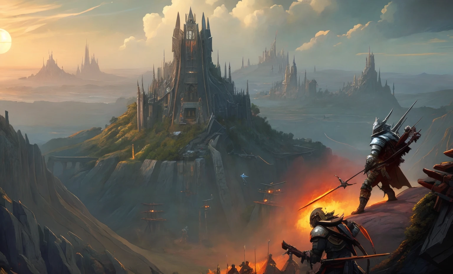 fortress made of rough-hewn stone and bristling with spikes, surrounded by a sea of tents and bonfires, hulking orcs and trolls gather to feast and battle. Keywords: formidable, barbaric, fierce, primal, dusk.
(award winning) (masterpiece:1.1)(best quality) (detailed) (8k) (HDR) (wallpaper) (dramatic lighting) (sharp focus)(PaintStyle4:0.7) (protogemb2:0.8)