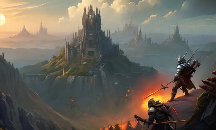 fortress made of rough-hewn stone and bristling with spikes, surrounded by a sea of tents and bonfires, hulking orcs and trolls gather to feast and battle. Keywords: formidable, barbaric, fierce, primal, dusk.
(award winning) (masterpiece:1.1)(best quality) (detailed) (8k) (HDR) (wallpaper) (dramatic lighting) (sharp focus)(PaintStyle4:0.7) (protogemb2:0.8)