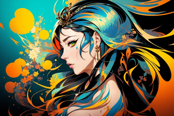 flat vector art, woman, beautiful anime style woman, flat color, wide angle, Dancer fine art filigree, paper marbling! Oil splash!! Oil stained!!", intricate hyperdetailed fluid gouache illustration by Android Jones: By Ismail Inceoglu and Jean Baptiste mongue: James Jean: Erin Hanson: Dan Mumford: professional photography, natural lighting, volumetric lighting maximalist photoillustration 8k resolution concept art intricately detailed, complex, elegant, expansive, fantastical