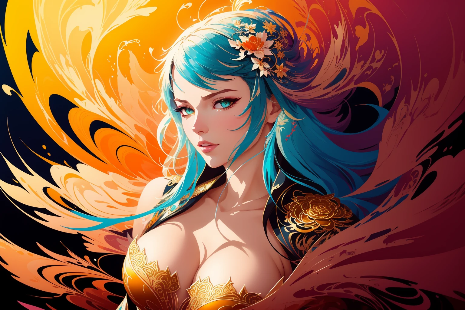 flat vector art, woman, beautiful anime style woman, flat color, wide angle, Dancer fine art filigree, paper marbling! Oil splash!! Oil stained!!", intricate hyperdetailed fluid gouache illustration by Android Jones: By Ismail Inceoglu and Jean Baptiste mongue: James Jean: Erin Hanson: Dan Mumford: professional photography, natural lighting, volumetric lighting maximalist photoillustration 8k resolution concept art intricately detailed, complex, elegant, expansive, fantastical