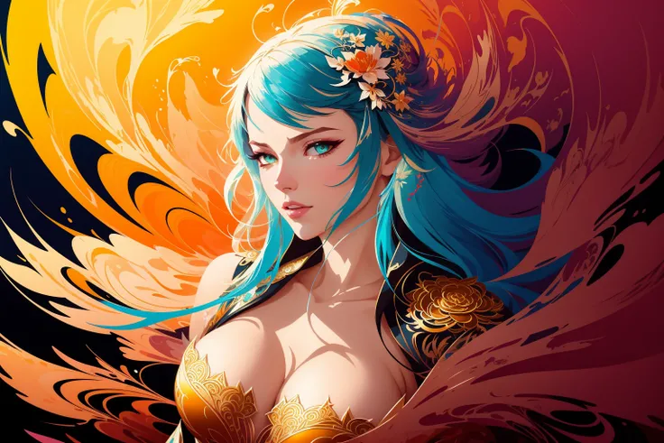 flat vector art, woman, beautiful anime style woman, flat color, wide angle, Dancer fine art filigree, paper marbling! Oil splash!! Oil stained!!", intricate hyperdetailed fluid gouache illustration by Android Jones: By Ismail Inceoglu and Jean Baptiste mongue: James Jean: Erin Hanson: Dan Mumford: professional photography, natural lighting, volumetric lighting maximalist photoillustration 8k resolution concept art intricately detailed, complex, elegant, expansive, fantastical