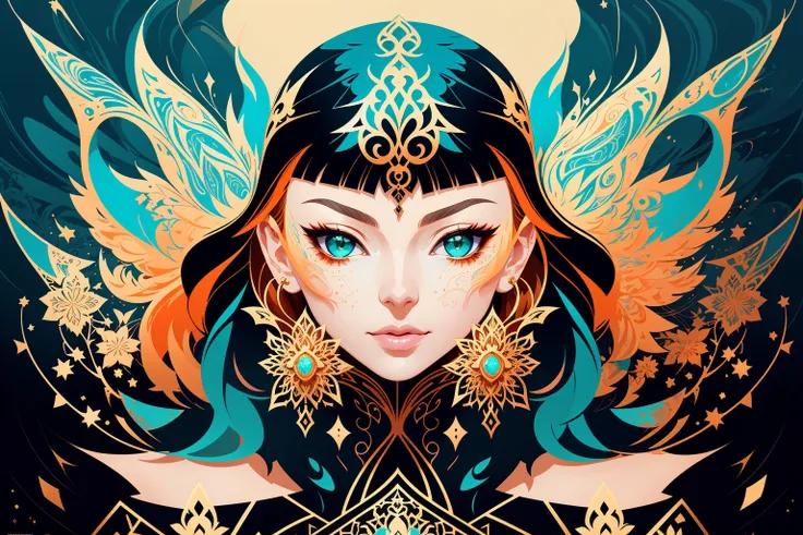 flat vector art, woman, beautiful anime style woman, flat color, wide angle, Dancer fine art filigree, paper marbling! Oil splash!! Oil stained!!", intricate hyperdetailed fluid gouache illustration by Android Jones: By Ismail Inceoglu and Jean Baptiste mongue: James Jean: Erin Hanson: Dan Mumford: professional photography, natural lighting, volumetric lighting maximalist photoillustration 8k resolution concept art intricately detailed, complex, elegant, expansive, fantastical