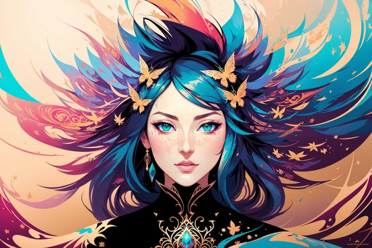 flat vector art, woman, beautiful anime style woman, flat color, wide angle, Dancer fine art filigree, paper marbling! Oil splash!! Oil stained!!", intricate hyperdetailed fluid gouache illustration by Android Jones: By Ismail Inceoglu and Jean Baptiste mongue: James Jean: Erin Hanson: Dan Mumford: professional photography, natural lighting, volumetric lighting maximalist photoillustration 8k resolution concept art intricately detailed, complex, elegant, expansive, fantastical