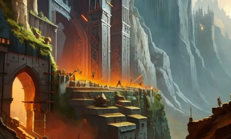 An ancient dwarven stronghold, carved deep into the mountain, with massive stone gates, sprawling tunnels, intricate machinery. ancient, formidable, underground, mechanical, midnight.
(award winning) (masterpiece:1)(best quality) (detailed) (8k) (HDR) (wallpaper) (dramatic lighting) (sharp focus)(PaintStyle4:0.7) (protogemb2:0.8)