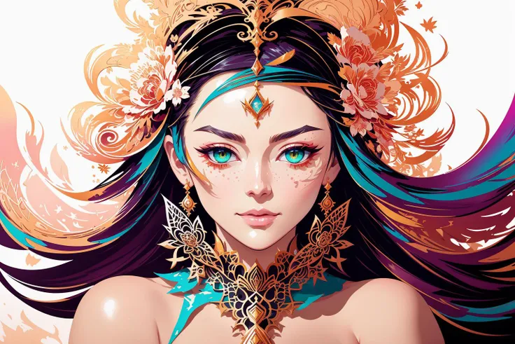 flat vector art, woman, beautiful anime style woman, flat color, wide angle, Dancer fine art filigree, paper marbling! Oil splash!! Oil stained!!", intricate hyperdetailed fluid gouache illustration by Android Jones: By Ismail Inceoglu and Jean Baptiste mongue: James Jean: Erin Hanson: Dan Mumford: professional photography, natural lighting, volumetric lighting maximalist photoillustration 8k resolution concept art intricately detailed, complex, elegant, expansive, fantastical