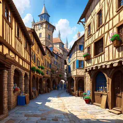 dnd best quality masterpiece atmospheric digital painting artwork 4k 8k highly detailed colorful wealthy (beautiful winding medieval city street:1.2) stone plaster shops taverns people market horses (bright morning light:1.1) particles sunny blue sky mat painting, key visual anime background screencap