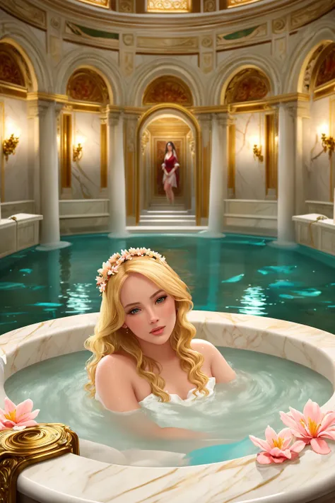 modelshoot style zoomed in (beautiful blonde woman:1.2) (bathing:1.4) in roman (bath:1.2) house lilys flowers petals ceramic vases marble mahogany wood trim teal water royal robes
(masterpiece:1.5) (painting) (weighted lines) (best quality) (detailed) (intricate) (8k) (HDR) (wallpaper) (cinematic lighting) (sharp focus) Face-BarbaraPalvin