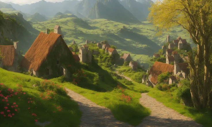 an award winning, concept art, fine art, digital art, view of a medieval fantastic ((town in a lush valley)):
"quaint",
"picturesque",
"rustic",
"lush",
"abundant",
"greenery",
"rolling hills",
"meadows",
"wildflowers",
"fruit trees",
"cobblestone paths",
"cottages",
"stone houses",
((ivy-covered house)),
wild grass,
:: (((sense of awe))), epic, ((cinematic lighting)), high quality, high contrast, realistic lighting, center of frame, , 4k textures, adobe lightroom, photolab, hdr, ((intricate)), elegant, highly detailed, sharp focus, insane details, intricate details, hyperdetailed, harsh cinematic light, outdoor atmosphere