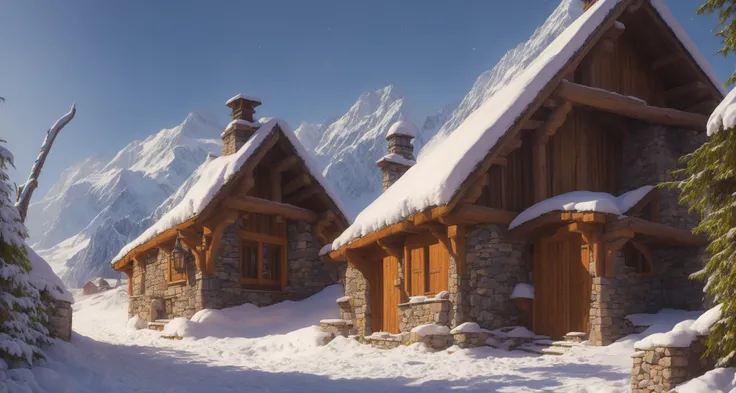 an award winning, concept art, fine art, digital art, street scene of a medieval fantastic: hameau, montagne, chalets en bois, neige, chemin enneig, chemine fumante, calme.
:: (((sense of awe))), epic, ((cinematic lighting)), high quality, high contrast, realistic lighting, center of frame, , 4k textures, adobe lightroom, photolab, hdr, ((intricate)), elegant, highly detailed, sharp focus, insane details, intricate details, hyperdetailed, harsh cinematic light, outdoor atmosphere