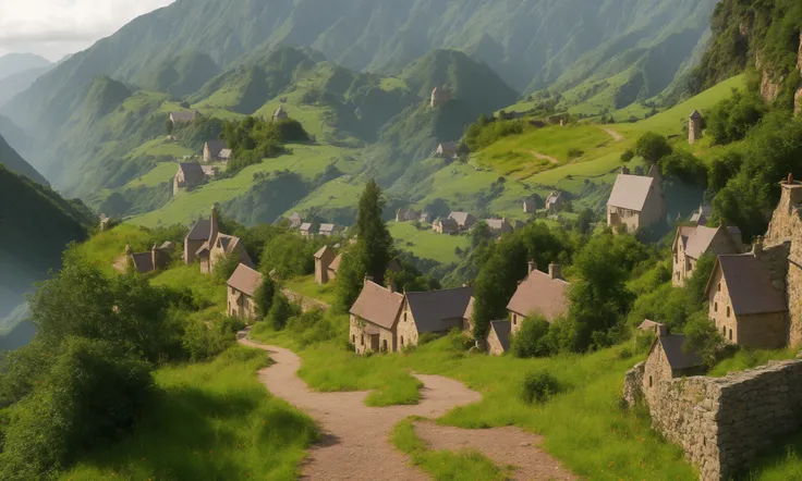 an award winning, concept art, fine art, digital art, view of a medieval fantastic ((town in a lush valley)):
"quaint",
"picturesque",
"rustic",
"lush",
"abundant",
"greenery",
"rolling hills",
"meadows",
"wildflowers",
"fruit trees",
"cobblestone paths",
"cottages",
"stone houses",
((ivy-covered house)),
wild grass,
:: gloomy, ((cinematic lighting)), high quality, high contrast, realistic lighting, center of frame, , 4k textures, adobe lightroom, photolab, hdr, ((intricate)), elegant, highly detailed, sharp focus, insane details, intricate details, hyperdetailed, harsh cinematic light, outdoor atmosphere