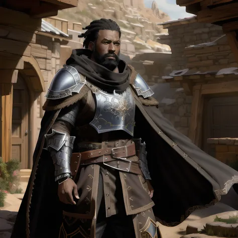 (western RPG character painting), 1 black man, beard, wearing armour, Wearing a cloak, (full body:1.2) dramatic highly detailed render , (masterpiece:1.4), (best quality:1.4), (8k), (wallpaper), (cinematic lighting), (sharp focus), (intricate), (Style-Sylvamagic:0.5), (EvelynNobodySD15:1.0), square ratio, <lora:oriArtstyleLora_v2Dreamlike:0.8>
