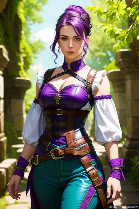 a painting of a woman, medieval RPG character, painting, rogue, dark purple hair, upsweep updo, dark purple leather corset, cherry shirt, teal leather pants, leather harness, teal leather vest, (straps buckles:1.1), overgrown ancient ruins, (masterpiece:1.4), (best quality:1.4), (8k), (HDR), (wallpaper), (cinematic lighting), (sharp focus), (intricate), (Style-Sylvamagic:0.8), (skindentation:1.3)