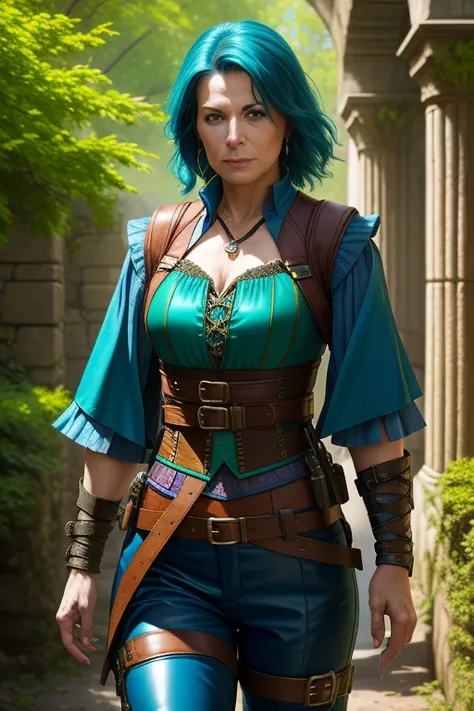 a painting of a mature woman, medieval RPG character, painting, rogue, teal leather corset, cherry shirt, teal leather pants, ammo bandolier, leather vest, (straps buckles:1.1), overgrown ancient ruins, (masterpiece:1.4), (best quality:1.4), (8k), (HDR), (wallpaper), (cinematic lighting), (sharp focus), (intricate), (Style-Sylvamagic:0.5),