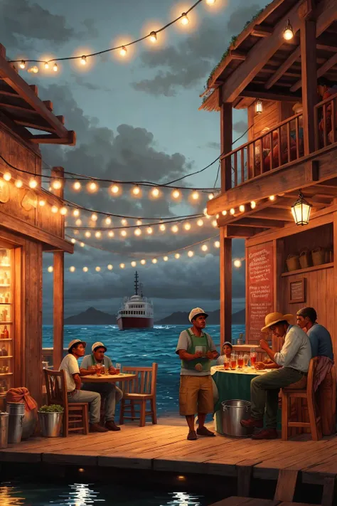 dock workers coastal village cantina patio (SouthOfTheBorderSD15:1), (masterpiece:1.2) (illustration:1.1) (best quality:1.2) (detailed) (intricate) (8k) (HDR) (wallpaper) (cinematic lighting) (sharp focus)