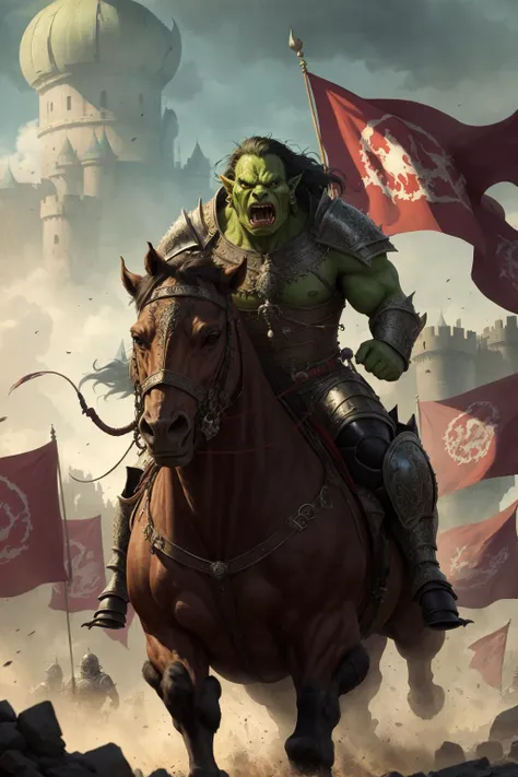 medieval fantasy portrait armored (green-skin:0.1) orc warrior charging into battle violent roar spittle raging angry arms up greaves boots standing in a crowd of warriors red banners windy dust debris storm fantasy stone castle bright morning light from side, (masterpiece:1.2) (illustration:1.2) (best quality) (detailed) (intricate) (8k) (HDR) (wallpaper) (cinematic lighting) (sharp focus)