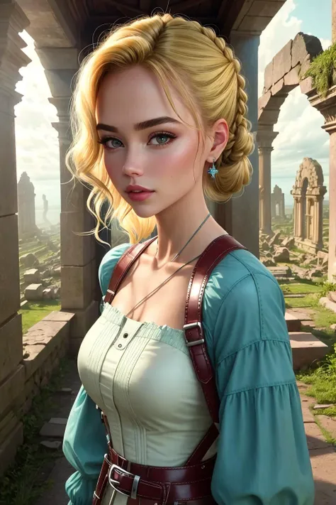 (KristenNobodySD15:0.8) medieval RPG character painting blonde hair upsweep updo swashbuckler rogue corset shirt teal (leather pants:1.1) (straps buckles:1.2) armor indoors overgrown (ancient ruins:1.2) bright morning light from the side (atmospheric volumetric fog:1.1)
(masterpiece:1.4) (illustration:1.2) (best quality:1.4) (8k) (HDR) (wallpaper) (cinematic lighting) (sharp focus) (intricate)