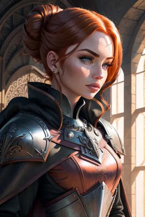 (Al3ssaGigioli:1) serious look pressed lips, (redhead updo:1.2), (black steel armor:1.2) and robes (cape:1.2) royalty ornate (embroidery:0.5) skinny (Gorget Plackart pauldron :1.3), (masterpiece:1.2) (illustration:1.1) (best quality:1.2) (detailed) (intricate) (8k) (HDR) (wallpaper) (cinematic lighting) (sharp focus)