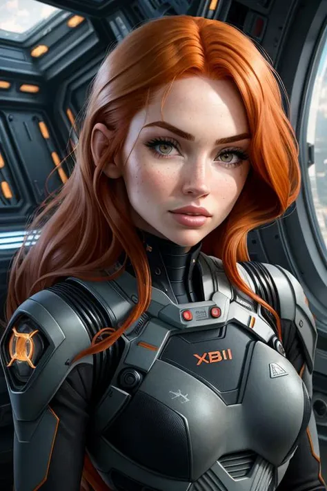 (Al3ssaGigioli:1) serious look pressed lips, (redhead hair:1.2), (black Exo suit:1.2) and clothes , (spaceship window background:1.2), (portrait:1.6), (masterpiece:1.2) (illustration:1.1) (best quality:1.2) (detailed) (intricate) (8k) (HDR) (wallpaper) (cinematic lighting) (sharp focus)