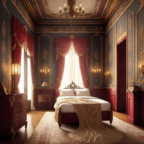luxurious victorian era gothic bedroom interior detailed walls, rich ornate fabrics, (masterpiece:1.1) (painting:1.1) (weighted lines) (best quality) (detailed) (intricate) (8k) (HDR) (wallpaper) (cinematic lighting) (sharp focus)