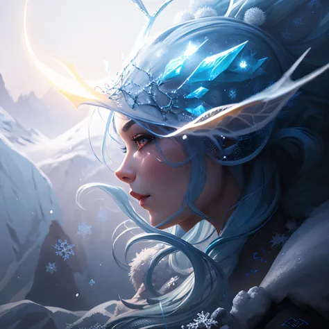 Product render poster of a fairy, winter, ice, vivid colors glowing fog intricate, elegant, highly detailed, digital painting, artstation, concept, art, smooth, sharp focus, illustration