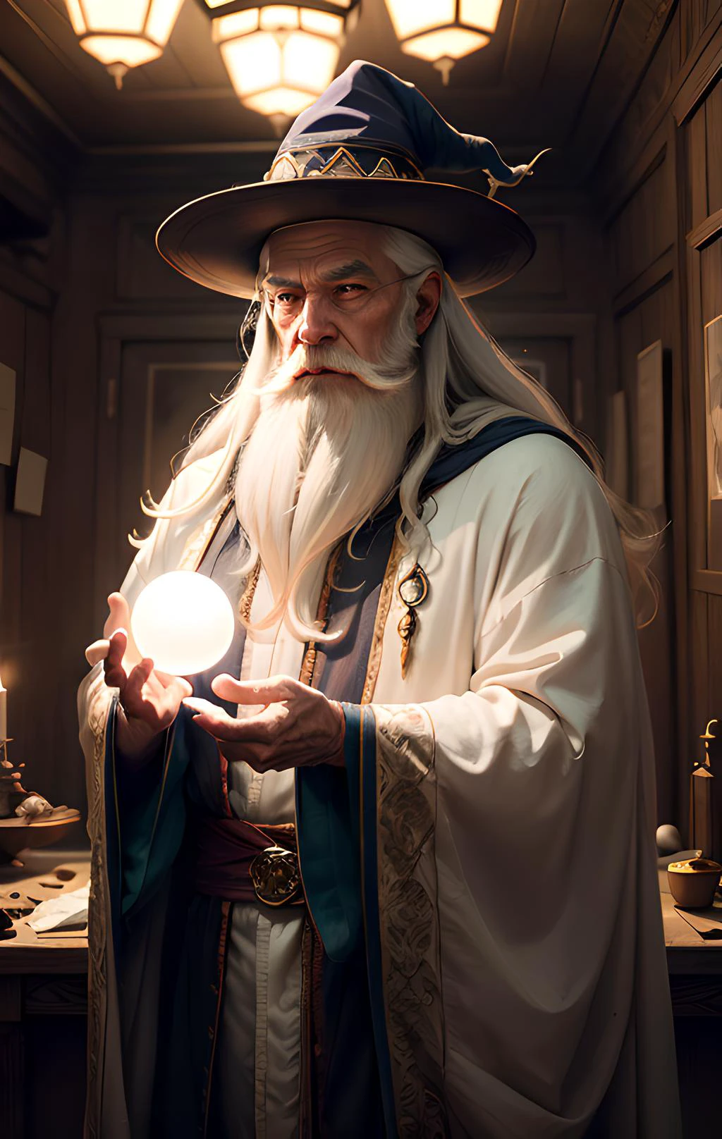 (Masterpiece:1.2), (Best Quality), Detailed, UHD, Cinematic Lighting, sharp focus, (illustration:1.1), intricate, Old Wizard with long white hair and beard, wearing a wizard's robe and hat, pondering a glowing orb, in a dimly lit room, magician's room, glowing lights, flickering lights,