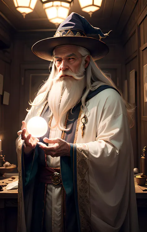 (Masterpiece:1.2), (Best Quality), Detailed, UHD, Cinematic Lighting, sharp focus, (illustration:1.1), intricate, Old Wizard with long white hair and beard, wearing a wizard's robe and hat, pondering a glowing orb, in a dimly lit room, magician's room, glowing lights, flickering lights,