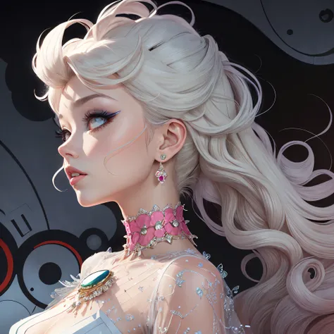 girl in stylish haute couture outfit in the style of 90's vintage anime, surrealism, akira style. detailed line art. fine details. fine jewelry.