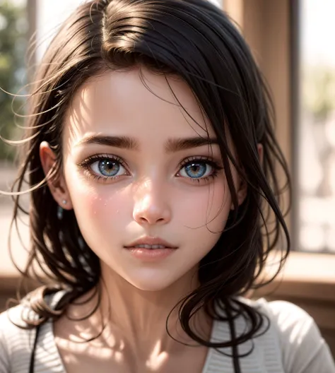 extremely closeup of girl face, smiling, (grainy:0.8), extremely detailed, (afternoon:1.1), photorealistic, warm atmosphere, natural lighting, (solo:1.3),