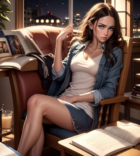 girl sitting ,reading book,nice clothes, detailed blue eyes, annoyed, (grainy:0.8), extremely detailed, (night:1.1), realistic, photorealistic, hires, warm atmosphere
