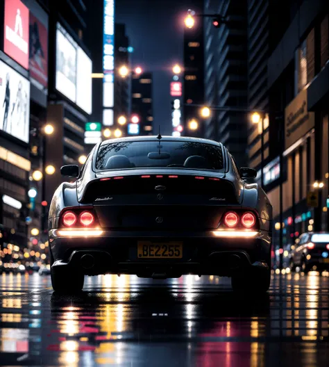 expensive car in rain, detailed painting, lights on, , (grainy:0.8), extremely detailed, (night:1.1), natural lighting, 1 car