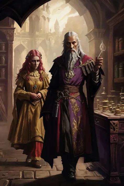 zrpgstyle, medieval portrait fantasy elderly evil wizard glorious elaborate ornate dark robes standing in a detailed luxurious stone castle (apothecary:1.2) Game of Thrones Hogwarts bright morning light from window, (masterpiece:1.2) (best quality) (detailed) (intricate) (8k) (HDR) (wallpaper) (cinematic lighting) (sharp focus)