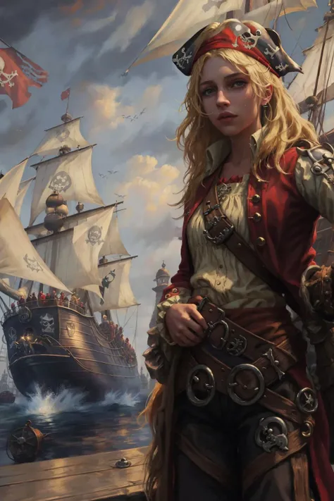 (medieval pirate:1.2) blonde girl with red coat belts straps pants bandana standing on the docks in a crowd of sailors working beautiful cloudy sky bright morning light, (masterpiece:1.2) (illustration:1.1) (best quality:1.2) (detailed) (intricate) (8k) (HDR) (wallpaper) (cinematic lighting) (sharp focus)