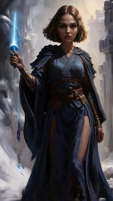 stunningly attractive Natalie Portman as a young Jedi knight with blue lightsaber. In a Jedi temple, dynamic pose, tight Sith robe with hood, showing off, action. fascinating, grim dark, beautiful, intimate, emotional, Highly Detailed, Sci-Fi, ultra high detail, masterpiece
(frequency separation), reflections, sharp, raytracing, Padme Amidala, light particles, electrical, sensual, confident, elegant, perfect feminine face,
<lora:epiNoiseoffset_v2:1>, Naboo,