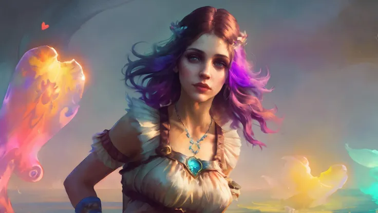 (water colour painting style), stunningly attractive (Alexandra Daddario), fantasy world, spooky, perfect feminine face, ((ink cloud), (ink drops)), precision anatomy, vibrant lights, by (Carne Griffiths), (Pino Daeni), (playful), ((love)), elegant, warm, flirty, utopia, fascinating, tone mapped, pure, filigree, ultra sharp, light particles, splash art, crazy, mixed colors, (color gradient), Iridescent, hearts, style-paintmagic, advntr