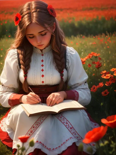 (Sofiya | Bohuslava | Liliya) a farmers daughter with braided brown hair, folklore dress, sitting on a red poppy field, meadow, stitching intricate patterns, (medieval), (masterpiece:1.4) (best quality:1.4) (8k) (HDR) (wallpaper) (cinematic lighting) (realistic) (sharp focus) style-sylvamagic <lora:oriArtstyleLora_v2Dreamlike:0.2>