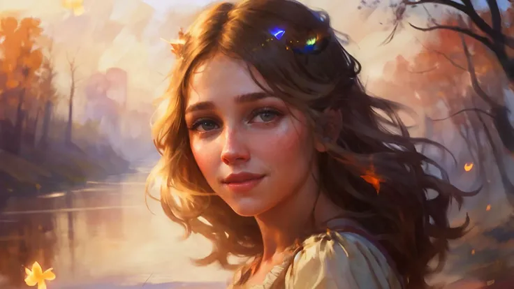 medium portrait of a cute woman in a bright windy field, river, (backlighting), realistic, masterpiece, highest quality, lens flare, shade, [[chromatic aberration]], by Jeremy Lipking, by Antonio J. Manzanedo, natural skin texture, red cheeks, fireflies, real girl, sunkissed, (freckles:0.6), Doe eyes, windy hair, woven, dusty light particles, (girlish), (feminine), (smile, smirk:0.9)