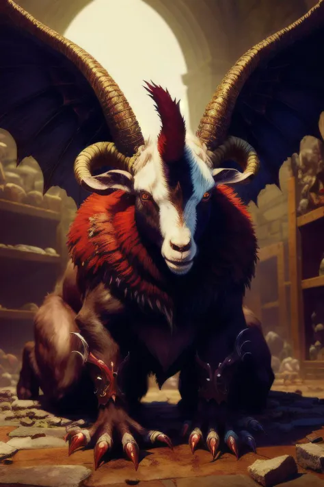 a goat headed demon with big horns, strong beefy upper body, blood body paints, furs, ((claws, wings)), demonic armor, blood splatters, skulls on the floor, necromancer ritual , medieval, dark room, dim light,
masterpiece, realistic, oil painting
<lora:epiNoiseoffset_v2:1> <lora:aToZovyaRPGArtists_v2Art:0.5>