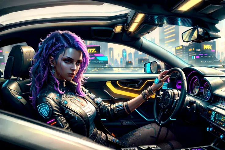 man driving inside futuristic vehicle cyberpunk 2077 style, hyper-realistic, intricate, elegant, highly detailed, modelshoot style, (extremely detailed CG unity 8k wallpaper), professional majestic oil painting trending on ArtStation, trending on CGSociety, Intricate, High Detail, Sharp focus, dramatic