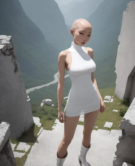 a detailed (from side, from above, full body:1.2) asian girl, beautiful, busty, shaved off, bald, no hair. sharp cheekbones, ([open:blue:0.15] eyes:1.1), [(full):dark:0.2] lips
dynamic shadows, uhd, 8k, modelshoot style, natural,
white (acolyte:1.1) plain short dress, (full breasts, large breasts:1.1), white boots, platform boots, see-through
fighting in ruins of a base, silk, sleeveless, night, darkness, stars  high neck,, a detailed (from side, full body:1.1) hip-hop girl, beautiful, busty, shaved off, bald, no hair. sharp cheekbones, ([open:blue:0.15] eyes:1.1), [(full):dark:0.2] lips
dynamic shadows, uhd, 8k, modelshoot style, natural,
white (acolyte:1.1) plain short dress, (full breasts, large breasts:1.1), white boots, platform boots, see-through
standing in plain of a mountains, silk, sleeveless, night, darkness, starlight  high neck,