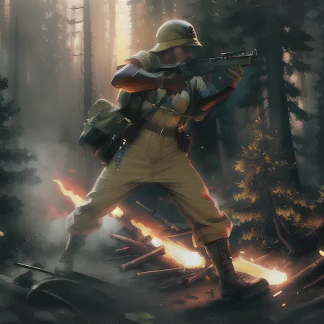 ww2 american soldier engaged in battle, thompson submachine gun, explosions, burst, broken trees, (Extremely Detailed Oil Painting:1.2), glow effects, godrays, Hand drawn, render, 8k, octane render, cinema 4d, blender, dark, atmospheric 4k ultra detailed, cinematic sensual, Sharp focus, humorous illustration, big depth of field, Masterpiece, colors, 3d octane render, 4k, concept art, trending on artstation, hyperrealistic, Vivid colors, extremely detailed CG unity 8k wallpaper, trending on ArtStation, trending on CGSociety, Intricate, High Detail, dramatic