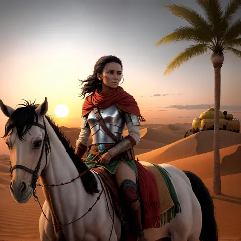 The sun was setting over the vast desert landscape, casting a warm glow over the sand dunes. In the distance, a caravan of camels slowly made their way across the horizon, led by a group of Bedouin traders. Among them was a fierce female warrior, riding on horseback and armed with a scimitar at her side. Her face was obscured by a red scarf, but her piercing eyes shone brightly in the fading light. She was on a mission to protect the caravan and its precious cargo from any bandits or thieves who might try to attack them,
As they rode deeper into the desert, the wind began to pick up, whipping sand into their faces and making it difficult to see. The warrior urged her horse forward, determined to reach their destination before nightfall. Finally, they arrived at a small oasis, surrounded by palm trees and a crystal clear pool of water. The caravan set up camp for the night, with the warrior keeping watch from atop a nearby sand dune,
As the moon rose over the desert, the warrior gazed up at the sky, feeling a sense of peace and tranquility wash over her. In this harsh and unforgiving environment, she knew that she had found her true home, and that nothing could stop her from protecting the people and the land that she loved.