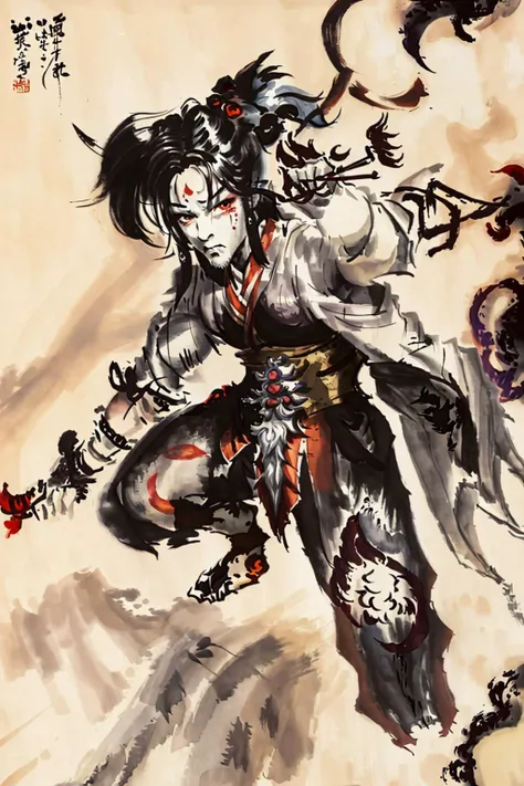 male demon warrior, shukezouma, negative space, shuimobysim, <lora:Moxin_10:0.8> (masterpiece, best quality:1), traditional chinese ink painting