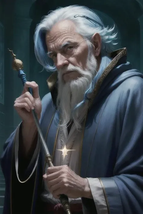 Old Wizard, wearing robe, magic wand, casting lighting bolt, super fine-illustration, light-novel, digital-painting style, portrait layout, from front angle, indirect looking away eye contact, serious facial expression, night time, blue color tone, beautiful composition, cinematic lighting, extremely detailed, 8k, cinematic postprocessing, {{bad fingers, bad-anatomy, missing-fingers}}, {{signature, watermark, username, artist name}}, {{retro style, poor-quality}}