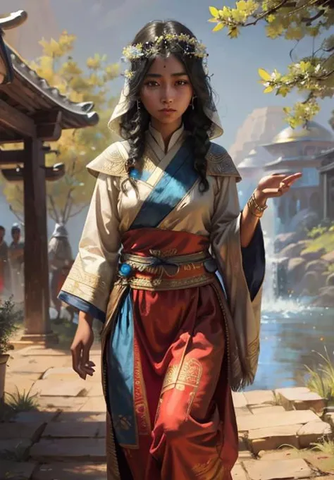 [sketch:0.6] as109 [fkey::0.5], cinematic lighting, dramatic angle, depth of field, bloom, best quality, illustration,highly detailed, beautiful detailed eyes, 1girl, (presenting:1), ((mongol)|turkish) , blue sky, silk [persian|mesopotamian|harem|arabic] veil|hood, (chinese) city, shadows, grass, [halo:(sun):0.2], yurts, black hair, tanned, wide sleeves, flowing, [circlelet|headdress], hanfu