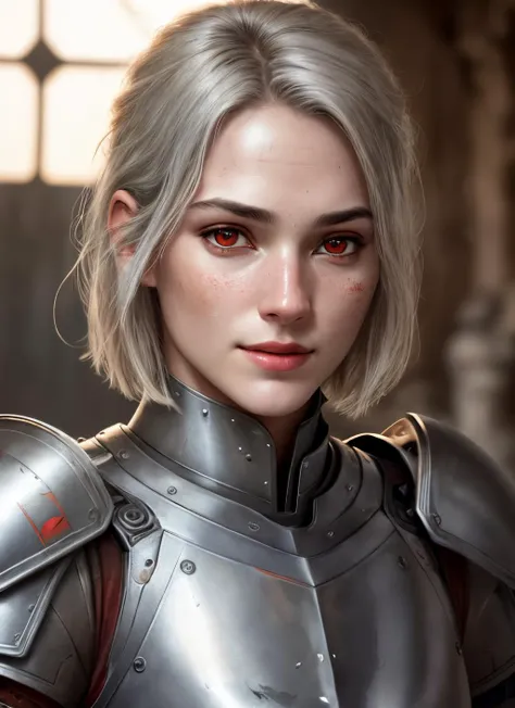 (symmetrical half body shot:1.3) of an 30 years old Caucasian female paladin in armor with grey hair, (facing camera, eyes looking at camera:1.3), (extensively detailed grey metal armor, detailed grey armor covered with decorations, armor after combat, damaged armor, dirty armor, armor with scratches:1.5), facing camera directly, (average face:1.4), (tired face, face after combat, dirty face:1.5), (angular nose, perfect nose:1.4), (pale skin covered with dirt:1.3), (thin cheeks:1.2), (intense red eyes:1.5), (round pupils, round iris, pupils centered in iris:1.4), (tired smile, beautiful smile, detailed thin lips:1.3), (open mouth, speaking:1.5), (background is a castle, background is out of focus, bokeh), (sharp focus:1.2), photorealistic, photo, masterpiece, realistic, realism, photorealism, high contrast, photorealistic digital art trending on Artstation, 8k, HD, high definition, (detailed realistic, detailed, skin texture, hyper detailed:1.2), ((realistic skin texture)), armature, best quality, ultra high res, (photorealistic:1.4), high resolution, detailed, raw photo, sharp re, by lee jeffries, nikon d850 film stock photograph, 4 kodak portra 400 camera f1.6 lens, rich colors, (hyper realistic, lifelike texture:1.2), (natural indoor lighting:1.3), blue lighting, unrealengine, trending on artstation, cinestill 800