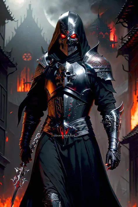 ultra realistic sinister vampire assassin wearing a black shiny armor metal skull helmet walking in a burning village, (intricate:1.4) (masterpiece:1.4) (illustration:1.4), studio red lighting, post-processing, 8k resolution, dark background , imposing, meticulously composed, stunning photos, dark fantasy (by Greg Rutkowski:1.2), (By daarken:1.5)"