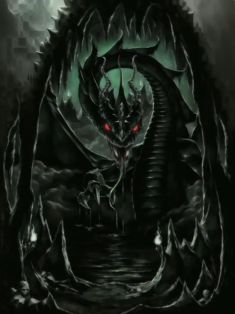 Make this Image more Detailed and Photorealistic, This is a Picture of a Enormous Black Serpentine Dragon With a Long Spiked Covered Spine and Neck leading to a big Ferocious Head with 2 straight back curving Horns, Bright red eyes with mouth open to reveal sharp fangs and a long snake like tongue coming out It’s Black Right Arm Extended ending sharp clawed hand, the image is framed Inside a Dark Underground Cavern with a Lake containing stalagmites and stalactites and a Dark Ominous Atmosphere, Partially Emerging From green lake water is with Dark Green Fog Rising behind the Dragon, The Dragon is looking at the Viewer