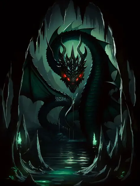 ((best quality)), ((masterpiece)), award winning character concept art of Enormous Black Serpentine Dragon With a Long Spiked Covered Spine and Neck leading to a big Ferocious Head, with 2 straight back curving Horns, Bright red eyes with mouth open to reveal sharp fangs and a long snake like tongue coming out, It’s Black Right Arm Extended ending a 3 sharp clawed hand, Inside a Dark Underground Cavern with a Lake containing stalagmites and stalactites and a Dark Ominous Green Volumetric Lighting and Fog, Emerging From green lake water is with Dark Green Fog Rising behind the Dragon. photorealistic, hyper detailed, Dark Green Tint, cinematic lighting, hd, fog, Epic Scene, Amazing Composition, high details, dramatic, dark atmosphere, Volumetric Lighting, concept art, trending on art station, highly detailed 8k character concept portrait studio lighting, octane render trending on artstation made in Maya 4K high quality digital painting dramatic lighting.